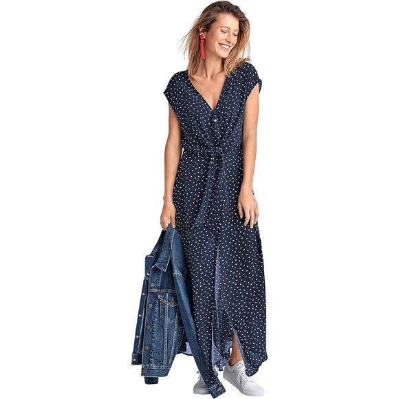 NWT Ellos Tie Front A-Line Maxi Dress Navy Blue White Polka Dot Womens Size 32 - Picture 1 of 15